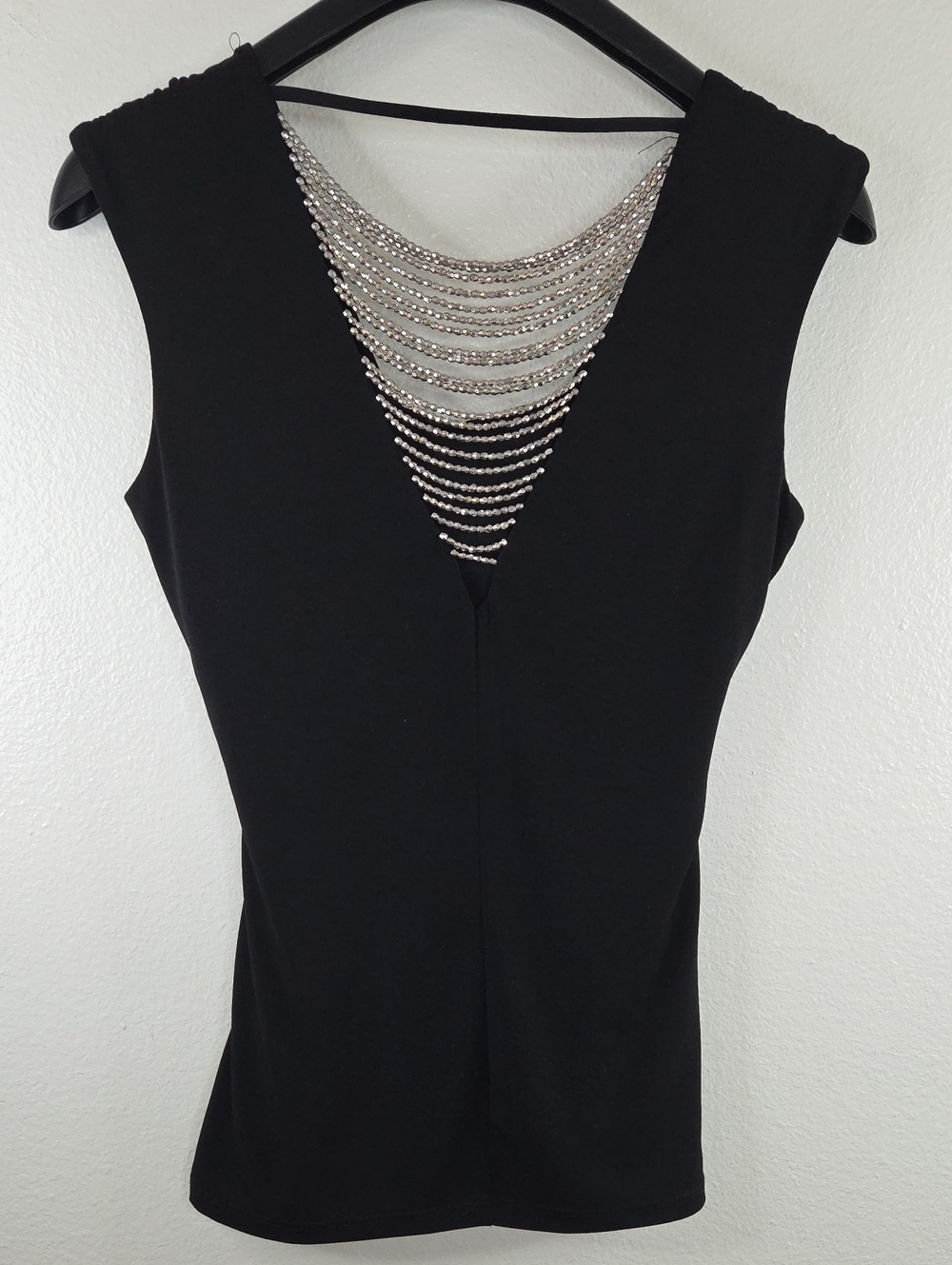 A. Byer Black Draped Cowl Neck Tank with Silver Rhinestone Chains Detail. EUC